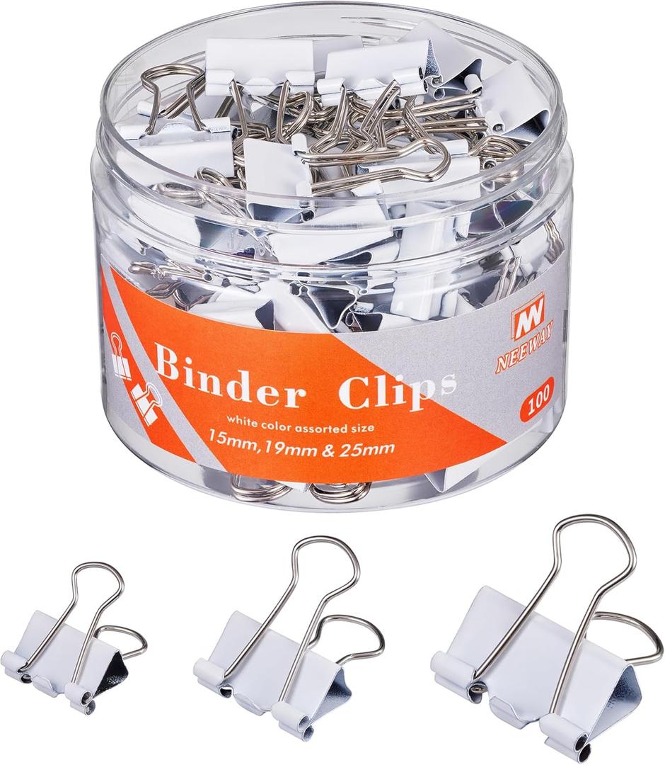 NEEWAY Binder Clips Assorted Sizes, White Binder Clips Set for Office and Home Use - Pack of 100