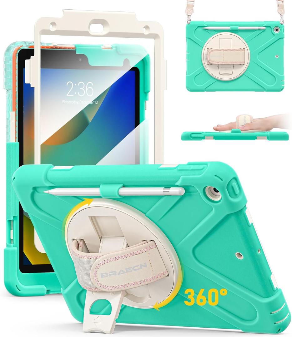 BRAECN for iPad 9th/8th/7th Generation Case,Heavy Duty Shockproof Case with Screen Protector, Pencil Holder, Pencil Cap Holder, Hand Strap, Kickstand,Shoulder Strap for iPad 10.2 Inch 2021/2020/2019 (Mint Green)