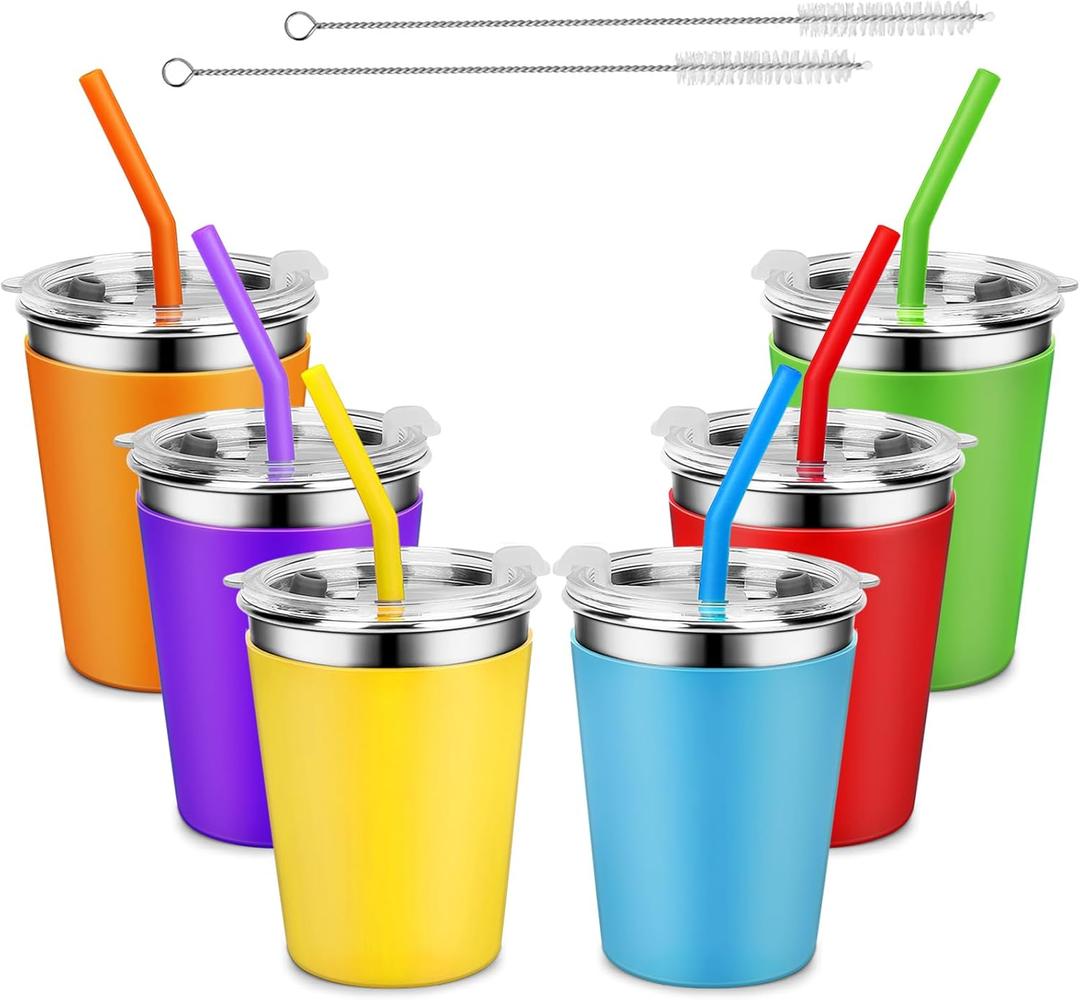 Yummy Sam 12oz Kids Stainless Steel Cups with Silicone Straws & Lids, Spill Proof Metal Tumblers for Adults, Unbreakable Toddle Cups with Full Wrapped Anti-Scald Sleeves for Hot and Cold Drinks.6Pack