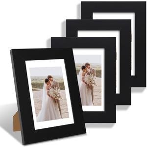 4x6 Picture Frame Set of 4, Made of Real Glass and Black Wooden Frame, 4 by 6 Photo for Wall or Tabletop - Display Picture 3.5x5 with Mat or 4x6 Without Mat