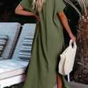 Dokotoo Womens Casual Short Sleeve Side Split Button Down Long Kimonos Cardigans Swimsuit Cover Ups Summer Beach Dress (Green, L)