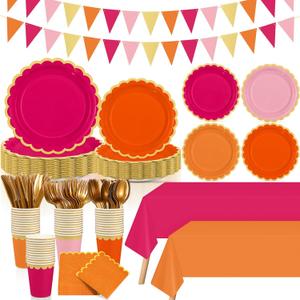 Mimorou 342 Pcs Pink and Orange Plates and Napkins Pink and Orange Tableware Paper Disposable Plates Napkins Cups Plastic Tablecloth Triangle Banner for Wedding Bachelorette Birthday Party Supplies
