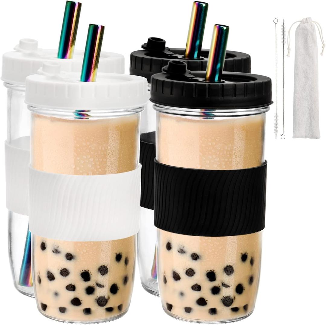 Youeon 4 Pack 24 Oz Reusable Boba Cups with Lids and Straw, Iced Coffee & Smoothie Cups, Bubble Tea & Mason Jar Style with Silicone Sleeve, BPA Free, Dishwasher Safe, 2 Colors