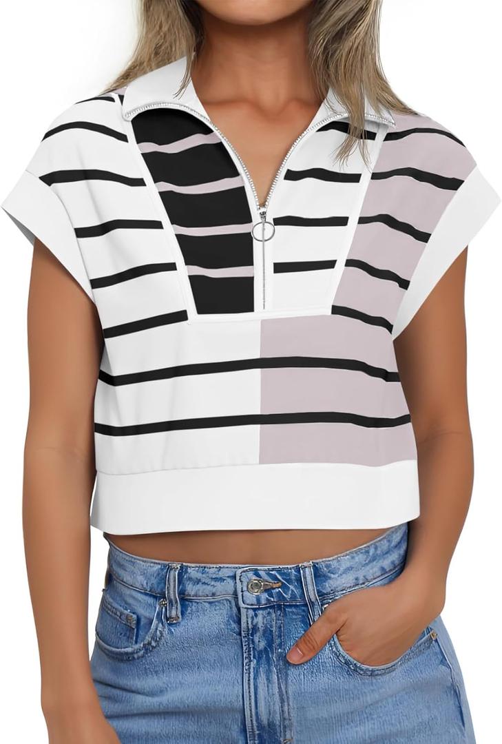 Fiesow Womens Summer Cap Sleeve Half Zip Striped Cropped T Shirts Casual Color Block Collared V Neck Loose Pullover Tops (Medium)