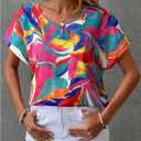 Women's Graphic Blouse Short Sleeve Crew Neck Dressy Shirt Tops (L)