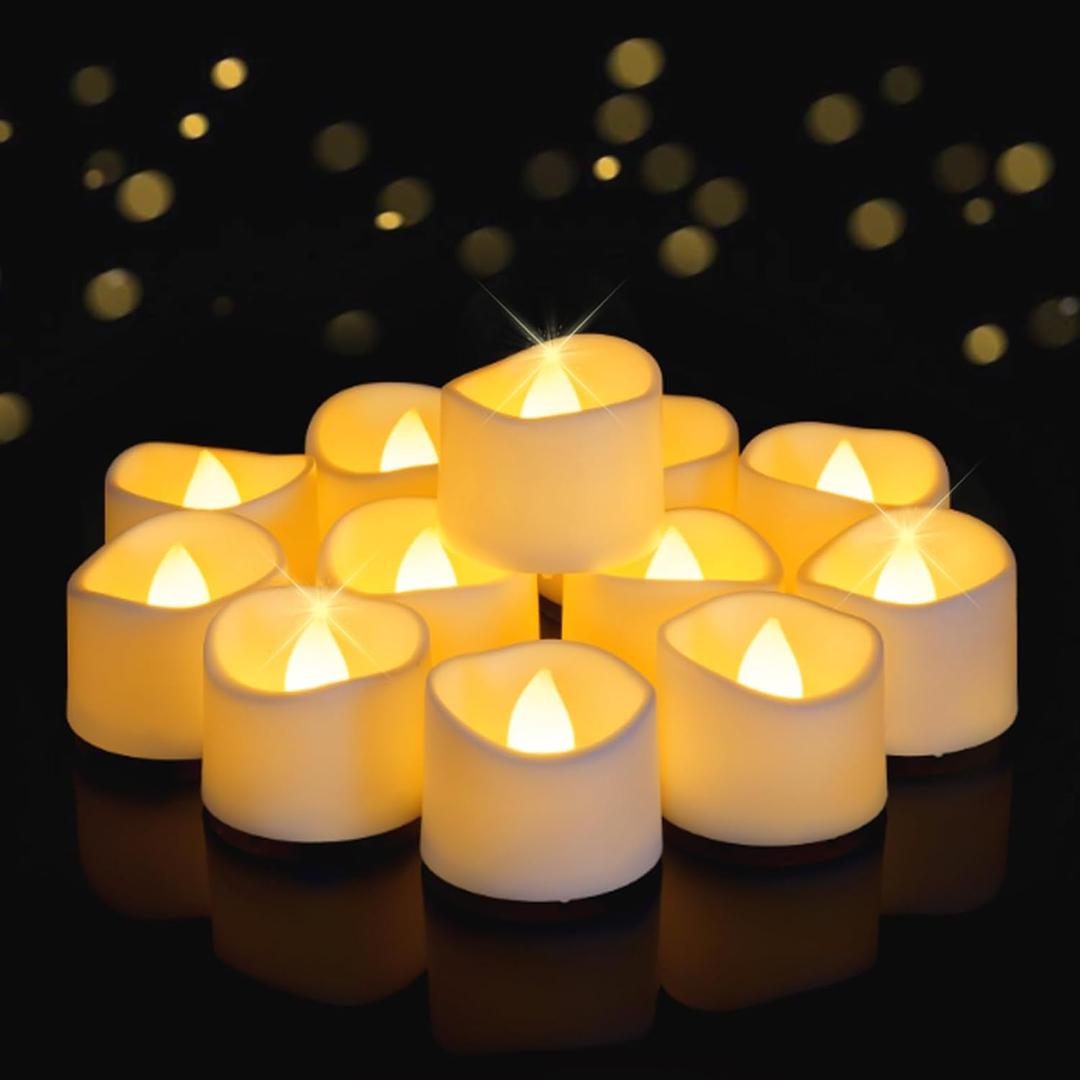 Raycare 12 Pack Tea Lights with Timer, 6H Timer Built-in, Flameless Battery Operated Tea Lights Flickering in Warm Yellow, Realistic Votive Candle for Halloween Wedding Christmas Party Home Decor (White Body, Bright Amber Light)