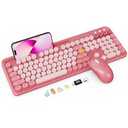 Wireless Keyboard and Mouse Combo with Phone/Tablet Holder, Cute Full-Size Typewriter-Style Keyboard, Retro Round Keycaps, 3-Level DPI Mouse, 2.4GHz Cordless Connection for Windows/PC/Laptop (Pink)