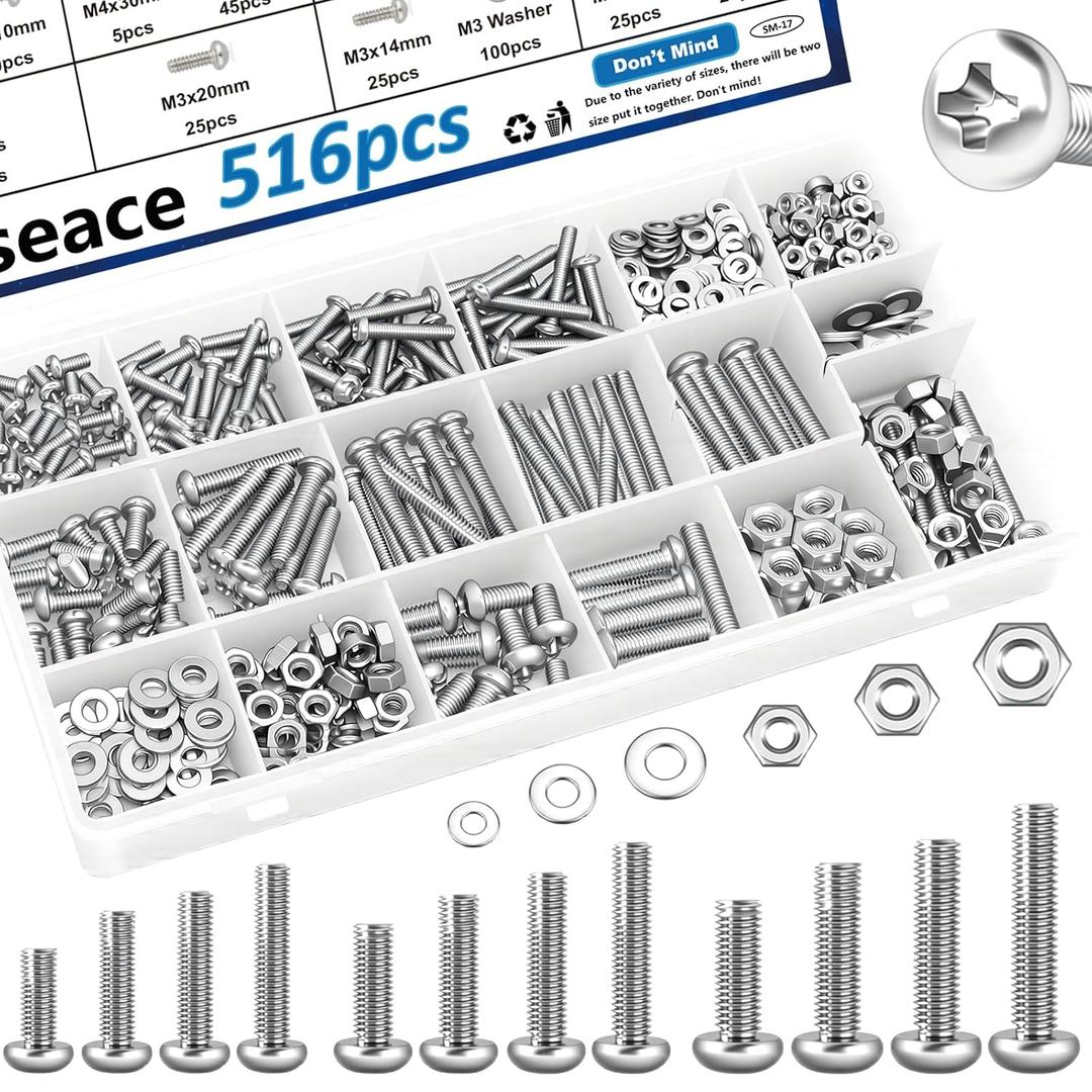 Smseace 516Pcs Nuts and Bolts Assortment Kit 21-Sizes M3/M4/M5/M6 Nut Bolt Washer Assortment Kit for Machinery, Furniture, Automotive, Motorcycle Repairs (Silver)