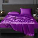 Revdomfly 4 Pcs Queen Size Luxury Silky Soft Purple Satin Sheet Set,1 Premium Moisture Wicking Fitted Sheet Fits Up to 16 Inches Deep Pocket + 1 Flat Sheet + 2 PillowcasesPurple, Queen