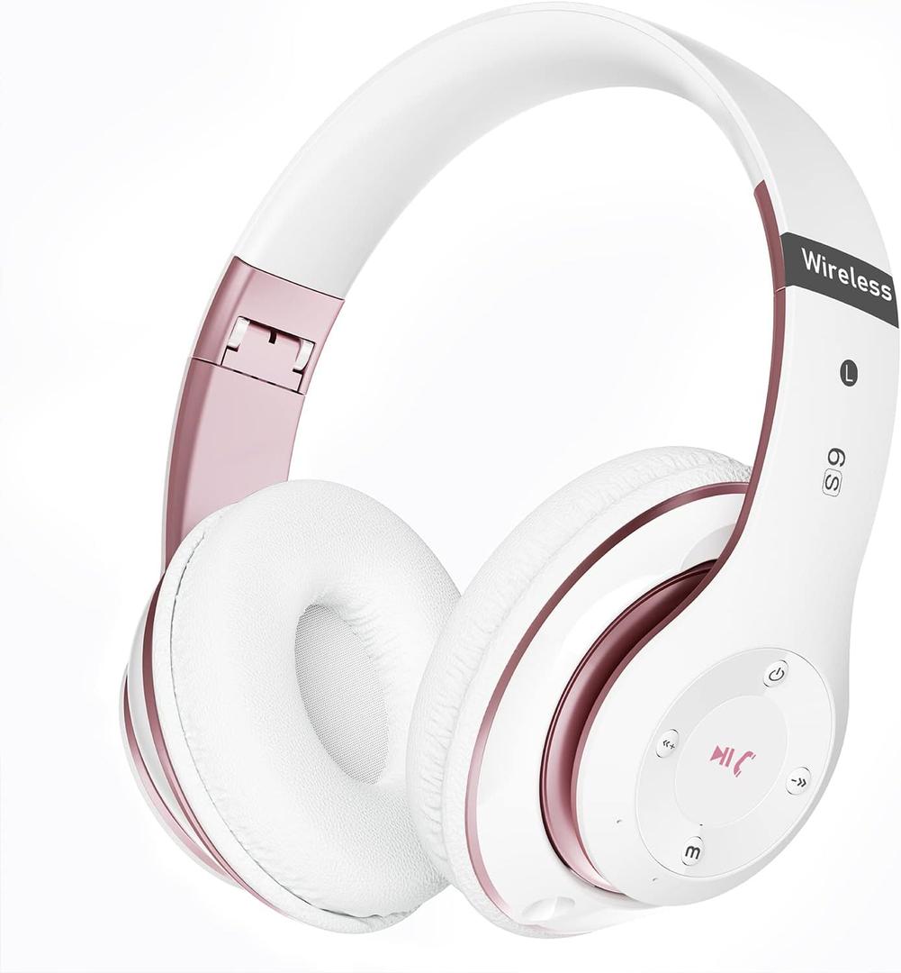 Falebare Bluetooth Headphones Over Ear, 6S Foldable Wireless Headphones with 6 EQ Modes, 40 Hours Playtime HiFi Stereo Headset with Mic, Soft Ear Pads, TF/FM for Cellphone/PC/Home (White & Rose Gold)