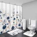 DDQQ Navy Blue Floral Shower Curtain Sets with Rugs 4 Piece Gold Flowers Leaves Bathroom Decor Set with Non-Slip Rugs Toilet Lid Cover and Bath Mat, Home Bathroom Shower Curtain Set with 12 Hooks