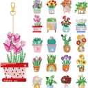 Misdary 20 Pcs Potted Flowers Diamond Art Keychains Double Side Diamond Painting Keychains Kit Flowers Ornaments for Home DIY Crafts Party Decor