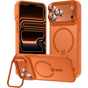 TOBOVON for iPhone 17 Pro Max Case, Fits MagSafe, with Built-in Camera Ring Stand & Lens Protector, Slim Translucent Matte Military-Grade Drop Protection Magnetic Cover, Orange