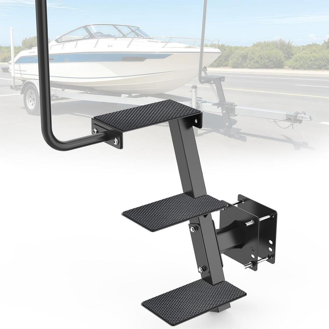 Heavy Duty Boat Trailer Steps with Adjustable Handle, 3 Steps, Universal Fit for 3" x 3", 4" x 4" & 3" x 5", Non-Slip Surface, 450Lbs Capacity