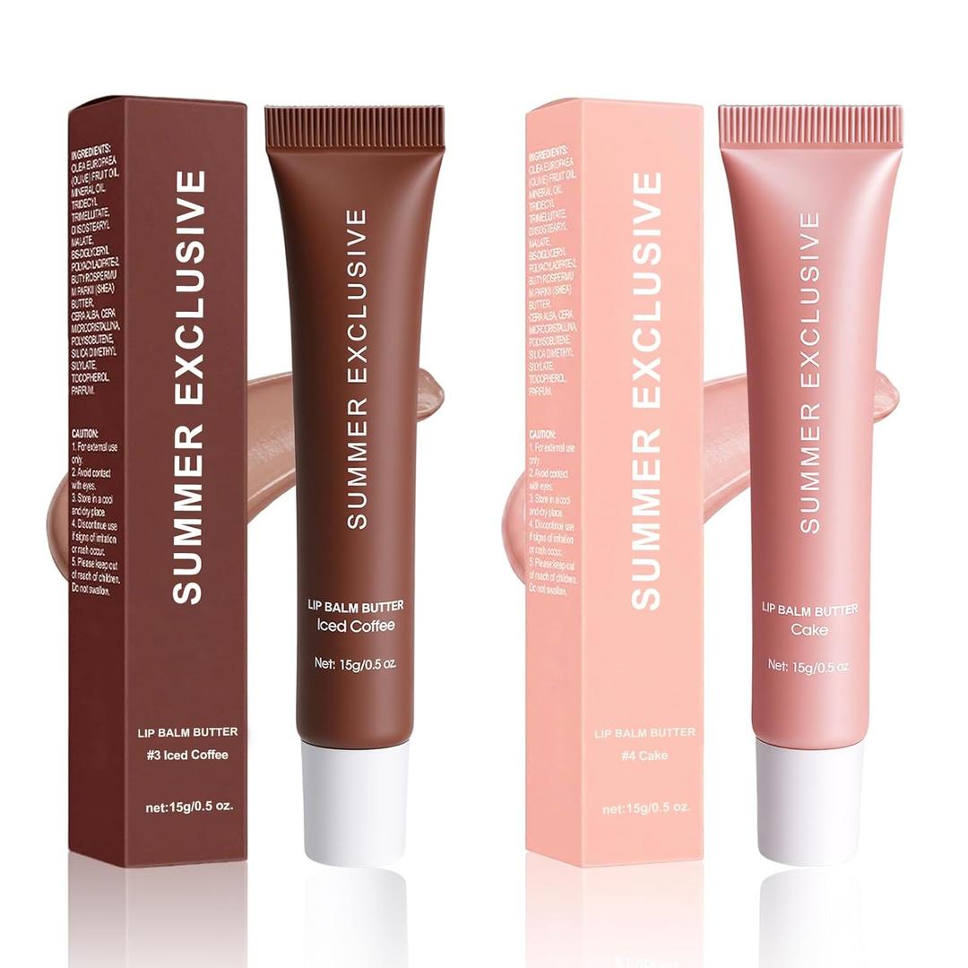 Summer Butter Lip Balm, Hydrating Plumping Clear Serum, Natural Glow Non-Sticky Transfer-Proof, Nourishing for Dry Lips, Women-Focused Lip Care with Shea Butter (#Iced Coffee & Cake, 2Pcs), 15g
