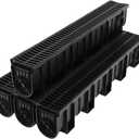 Trench Drain System, Channel Drain with Plastic Grate, 5.9x7.5-Inch HDPE Drainage Trench, Black Plastic Garage and Garden Drain, 4x39 Trench Drain Grate, with 4 End Caps-4 Pack