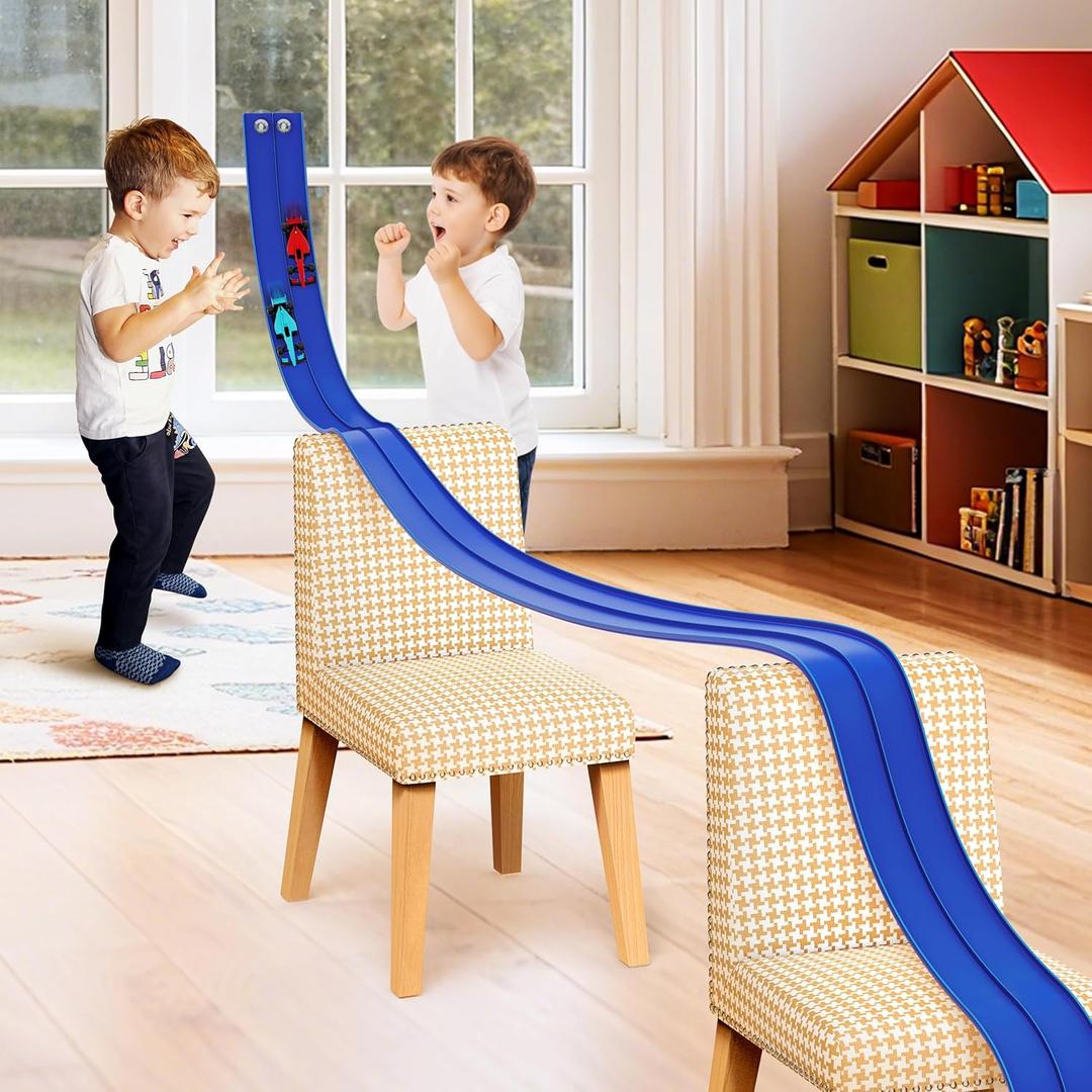 16 Ft Flexible Race Car Ramp Track for Kids Toy with Suction Cups, Compatible with Diecast 1/64th Cars, Rolls Up Portable Racetrack Party Favor Gifts for Boys Ages 3-10 Year Old (Racing Blue)