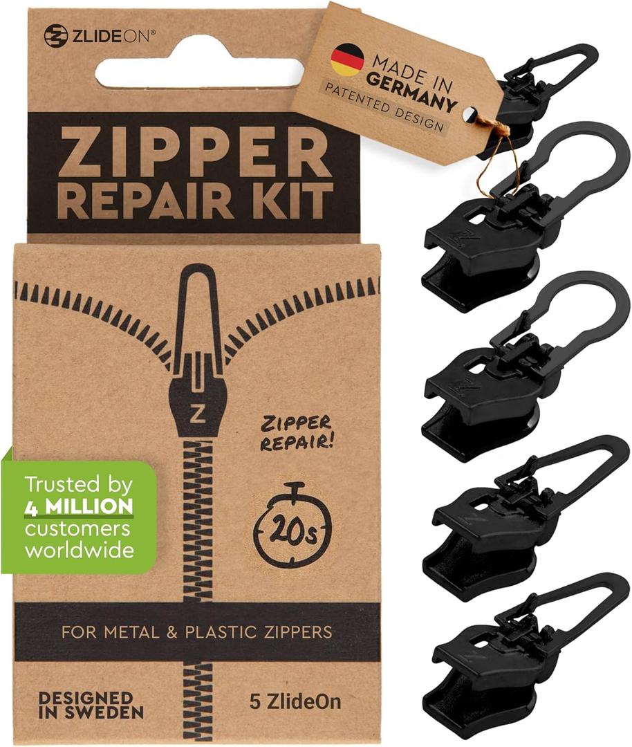 Zlideon Universal Zipper Repair Kit for Plastic & Metal Zippers Multipack - 5pcs, Black | Instant Zipper Pull Replacement Slider for Denim, Jacket, Winter Coat | Easy to Install | Made in Germany