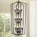 WJShome Modern Black Chandelier, 12-Light Tiered Pendant Light Fixtures, Long Chandeliers for High Ceilings, Farmhouse Foyer Lighting Fixtures, for Living Room, Staircase, Entryway