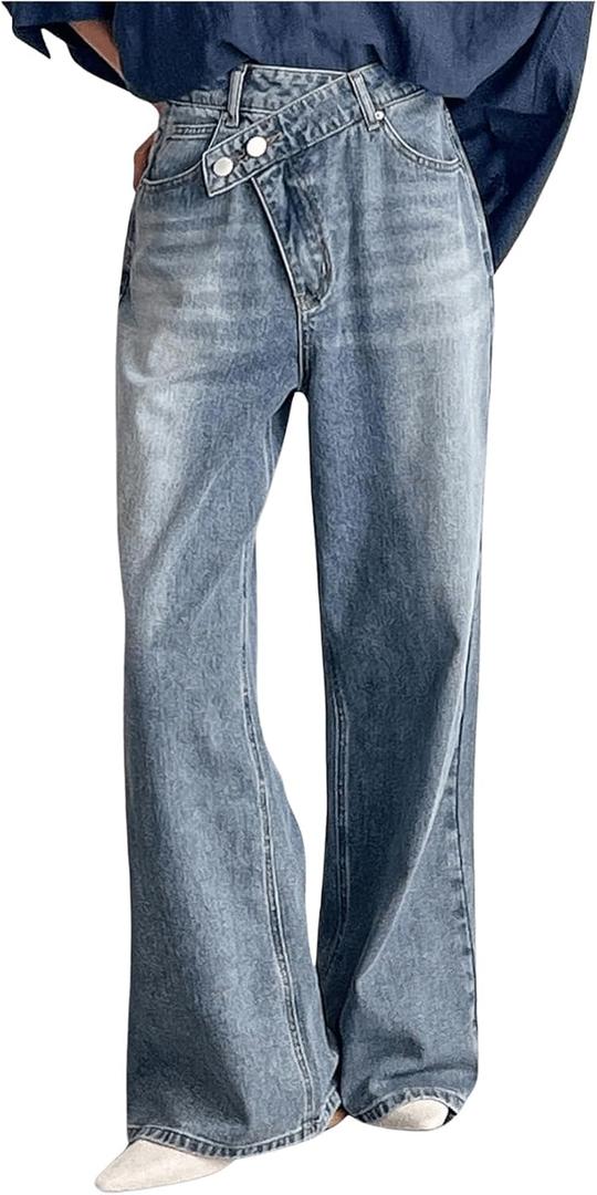 WDIRARA Women's Wrap Asymmetrical Waist Baggy Jeans Straight Leg Denim Pants (Blue, S)