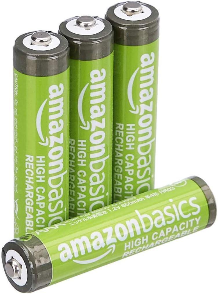 Amazon Basics 4-Pack Rechargeable AAA NiMH High-Capacity Batteries, 850 mAh, 1.2V, Low Self Discharge, Pre-Charged, Recharge up to 500x Times