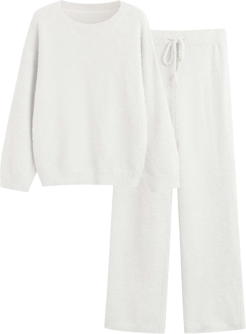 GKBK Lounge Sets for Women 2 Piece Fuzzy Fleece Pajamas Long Sleeve Oversized Lounge Set 2025 Fall Winter Trendy, Off White Large