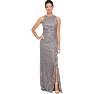 Alex Evenings Women's Long Sleeveless Mother of the Bride Dress w/Cascade Ruffle & Front Slit, Charcoal, 6P