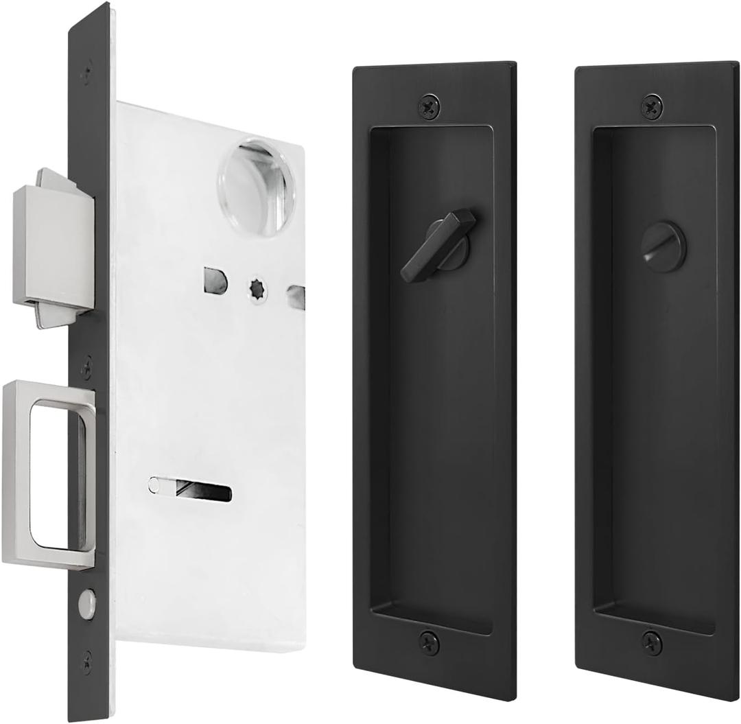 Modern Pocket Door Hardware - Privacy Lock with Finger Flush Pulls for Sliding & Folding Doors (Black, No Key)