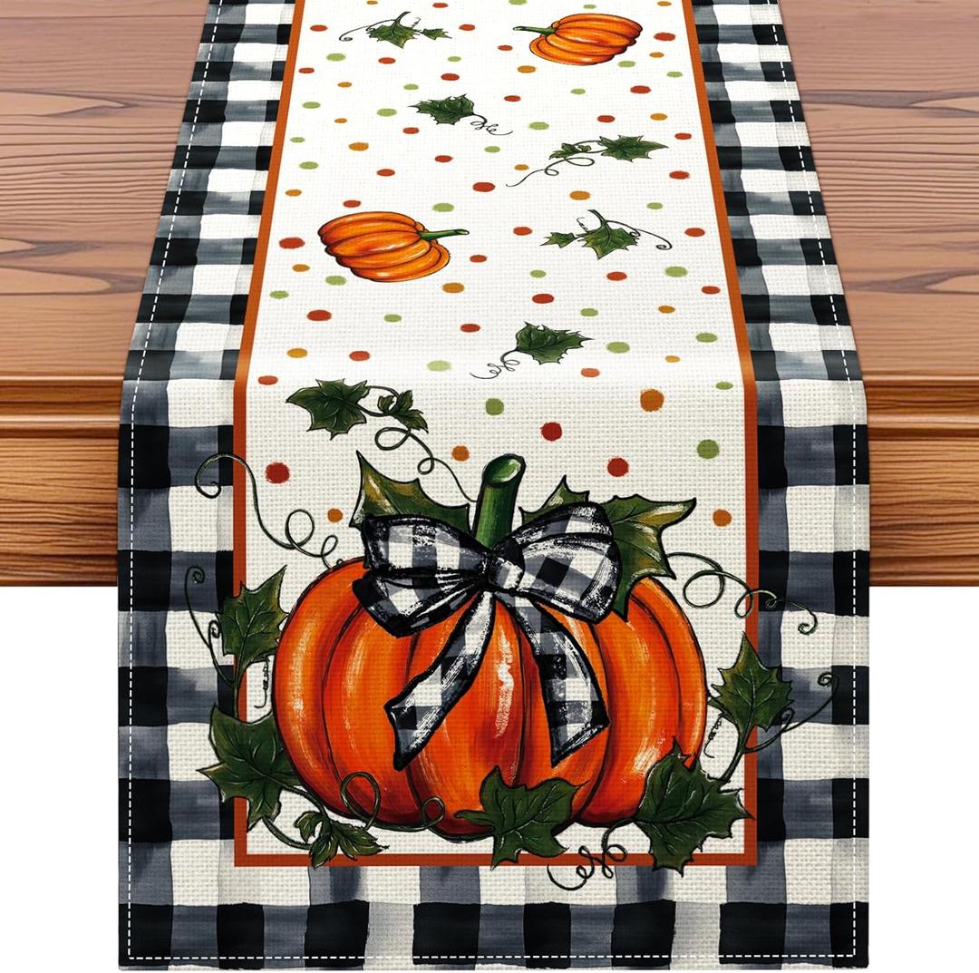 4 x Artscope Pumpkin Bow Buffalo Plaid Fall Table Runner,Thanksgiving Holiday Kitchen Dining Table Decoration for Fall Home Decor 13x108 Inch (Orange Black)