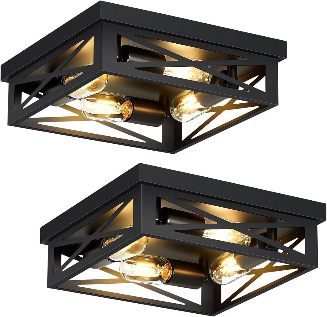 SKEJAO Black Flush Mount Ceiling Light Fixture, 4-Light Square Hallway Light Fixtures Ceiling, Light Fixtures Ceiling Mount for Farmhouse, Kitchen, Hall, Bedroom (2 Pack)