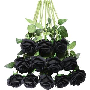 Tifuly Black Roses Artificial Flowers -12 pcs Realistic Single Long Stem Fake Silk Roses Bouquet for Party Home Wedding Centerpiece Office Halloween DIY Decor