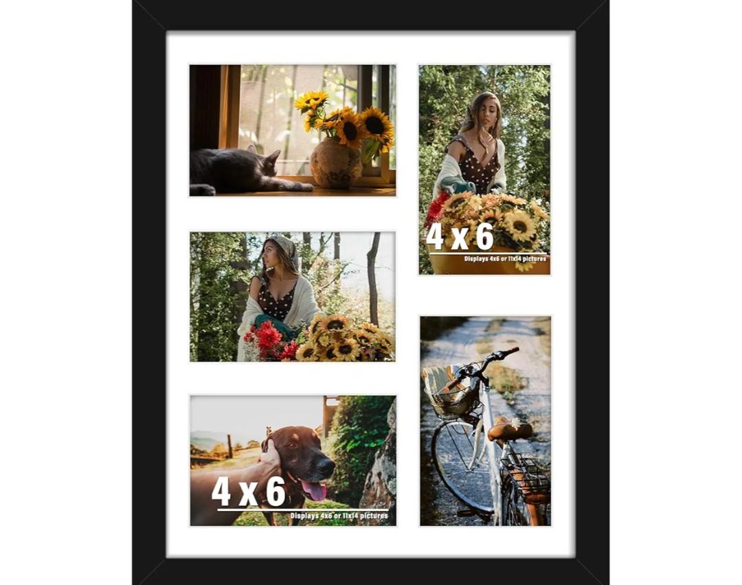 DUENPY 11x14 Collage Picture Frame, 4x6 Collage Picture Frame, Displays Five 4x6 inch Photos, or 11x14 (Without Mat) Wall Decor Wall Hanging or Tabletop, Black. Pack of 4