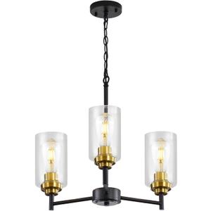 9MMML 3 Lights Black and Gold Chandelier, Modern Glass Ceiling Chandelier Light Fixture for Dining Room, Kitchen, Over Table,Foyer, E26 Base