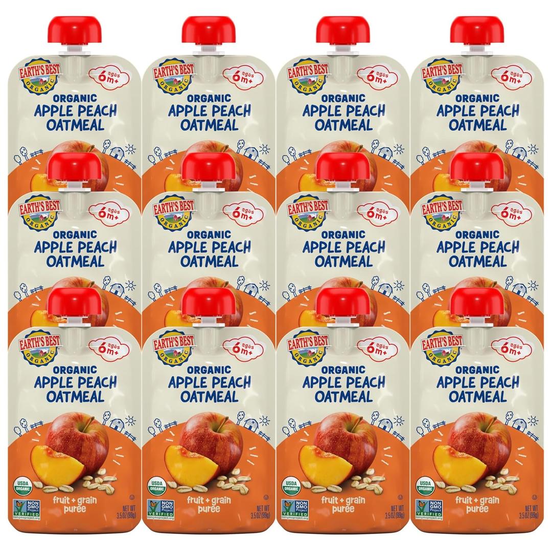 Earth's Best Organic Baby Food Pouches, Fruit and Grain Puree for Babies 6 Months and Older, Organic Apple Peach and Oatmeal Puree, 3.5 oz Resealable Pouch (Pack of 12) (EXP 08/15/27)