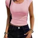 Women Shirts Crew Neck Ribbed Slim Fitted Side Ruched Basic Tops for Woman Cap Sleeve Summer Casual T Shirts Pink XL (Pink, XL)
