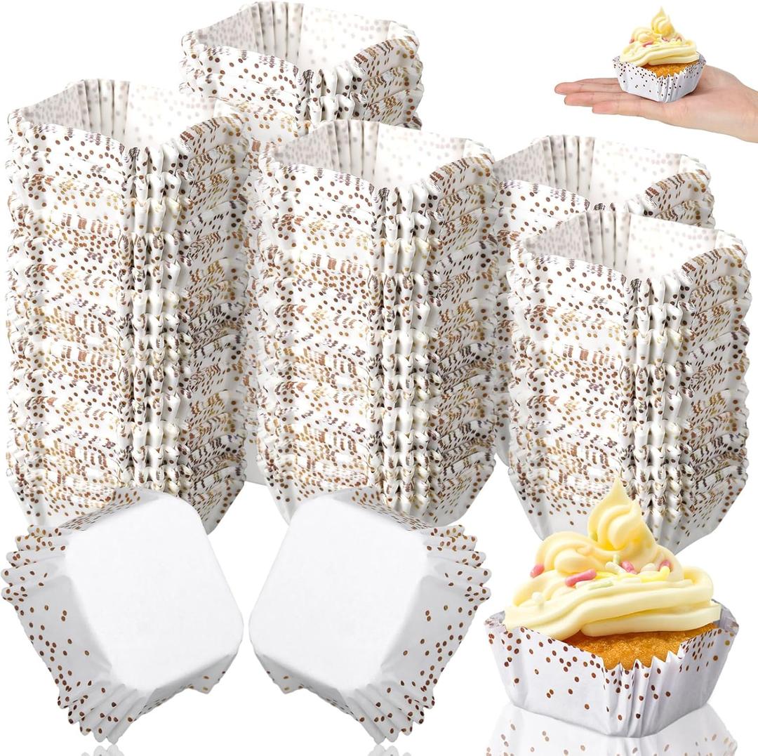 Tanlade 350 Pcs Square Mini Cupcake Liners Disposable Brownie Baking Pan Liners 1.77 Inch Paper Baking Cup for Cup and Cupcakes Party Supplies for Weddings Birthdays Bridal Showers, (Gold Dots)