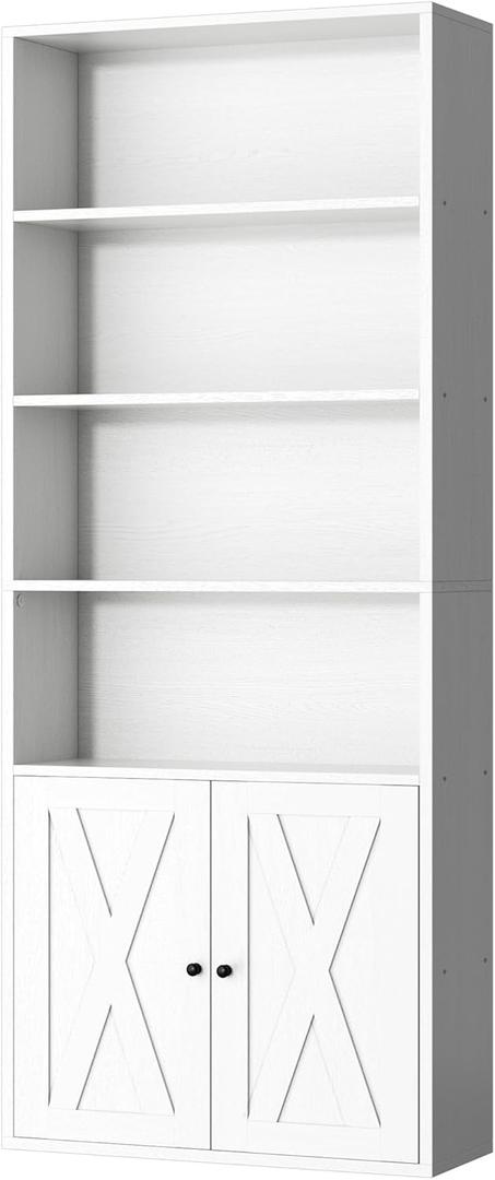 Shintenchi Bookshelf, Industrial Bookshelves and Bookcases with Doors Floor Standing 6 Shelf Display Storage Shelves 70.6 inches Tall Bookcase for Home Office, Living Room (White)