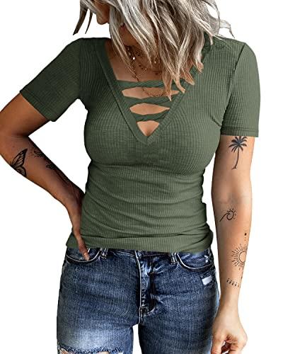HERILIOS Women Casual Short Sleeve Tunic Tops V-Neck T Shirts Criss Cross Ribbed Slim Fitted Blouse Army Green, XL