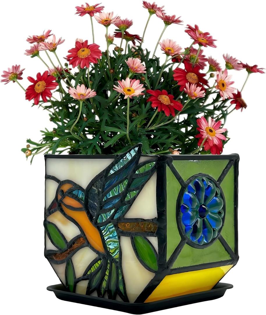 Handcrafted Stained Glass Hummingbird Planter, Indoor Decorative Flower Pot with Drainage, Planters for Indoor Plants,Garden Home Decor