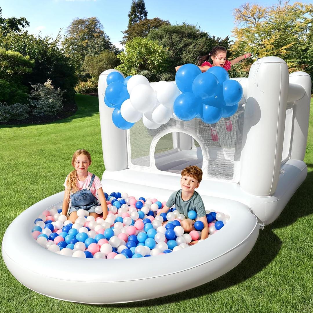 White Bounce House for Kids 2-8 Indoor Bouncy Castle with Pump Toddler Bounce House PVC Waterproof Materials Easy to Clean Outdoor Toddler Toys 68 x 68 x 58.2 inch (with Ball Pit