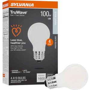 Sylvania LED TruWave Natural Series A19 Light Bulb, 100W Equivalent, Efficient 15W, 1600 Lumens, Medium Base, Dimmable, Frosted, 3500K, Bright White- 4 Pack (42277)