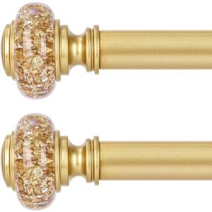 2 Pack Gold Curtain Rods for Windows 48 to 84 Inch, Decorative Vintage Crystal 1'' Diameter Curtain Rod with Gold Foil Finials, Adjustable Heavy Duty Easy Install Drapery Pole Set for Farmhouse