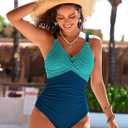 Pink Queen Women One Piece Swimsuit 2026 Patchwork Twist Front V Neck Ruched Tummy Control Swimwear Bathing Suits (Blue, L)