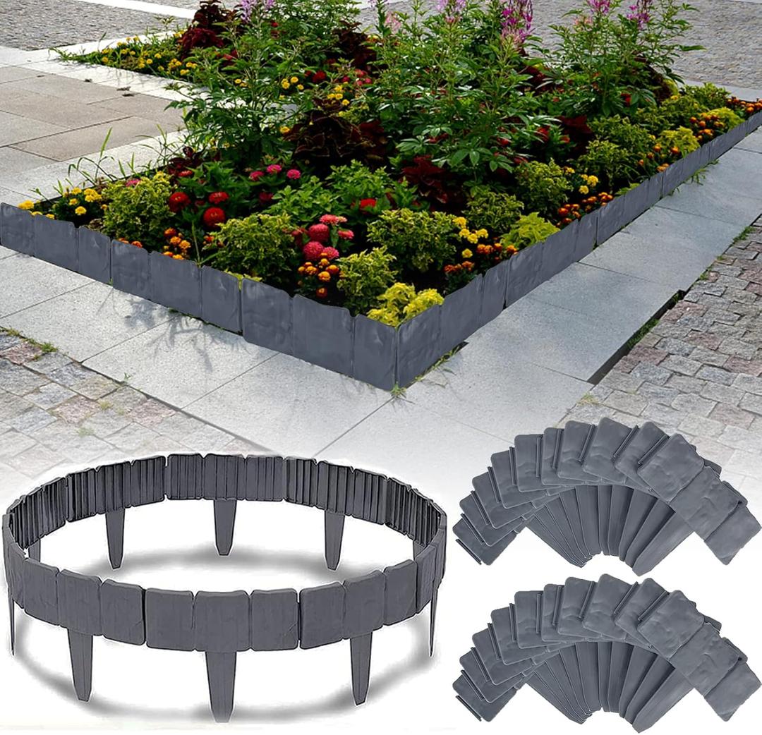 Garden Edging Border,33ft Plastic,Garden Edging for Landscaping,Flower Bed Edging Borders,Gray Imitation Stone Effect,Edging Border,Fence Border (33 FT, Grey, 1)