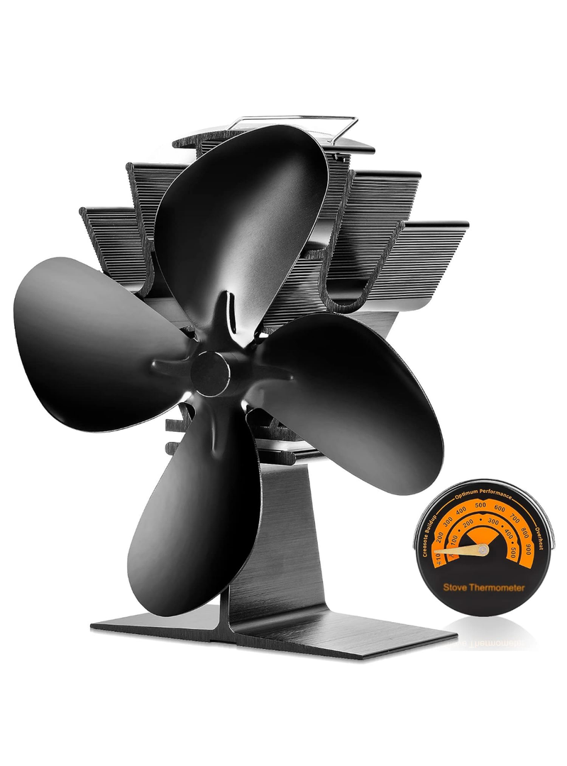 CWLAKON Wood Stove Fan Heat Powered - Upgrade Designed Silent Operation 4 Blades with Stove Thermometer, Fireplace Fan for Gas/Pellet/Wood Burning Stove-Eco Friendly and Efficient Heat Distribution