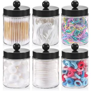 Tbestmax 6 Pack Glass Qtip Holder 10-Ounce Bathroom Containers Apothecary Jars with Metal Lids for Cotton Ball Swab Pad - Black