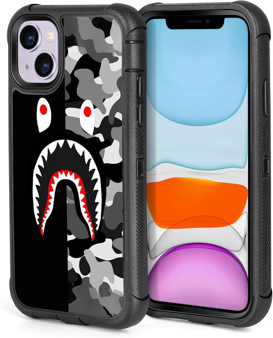 Compatible with iPhone 13 Case iPhone 14 Case Cool Camo Black White Shark Street Fashion Design for Boys, 3-Layer Rugged Shockproof Hard Plastic Bumper Silicone Rubber Heavy Duty Protection Cover