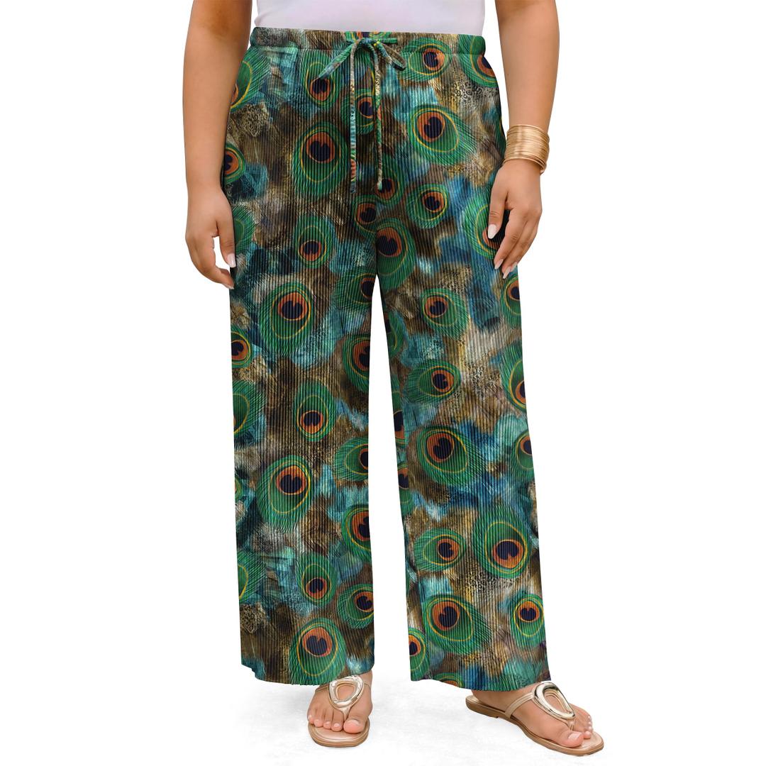 Cetieo Women's Plus Size Palazzo Pants High Waisted Wide Leg Trousers (Green, L)