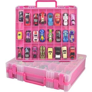 Toy Car Storage Organizer Case Compatible with Hot Wheels/for Matchbox Cars. Display Carrying Container Holder for LOL Surprise Dolls/for Shopkins with 48 Compartments Double Sided-Pink (Box Only)