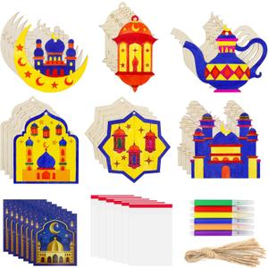MUOUAKATE 24 PCS Wooden Ramadan Crafts Set Eid DIY Crafts Color Your Own Eid Mubarak Goodie Bags Fillers Party Favors for Home School Activities Bulk Decors